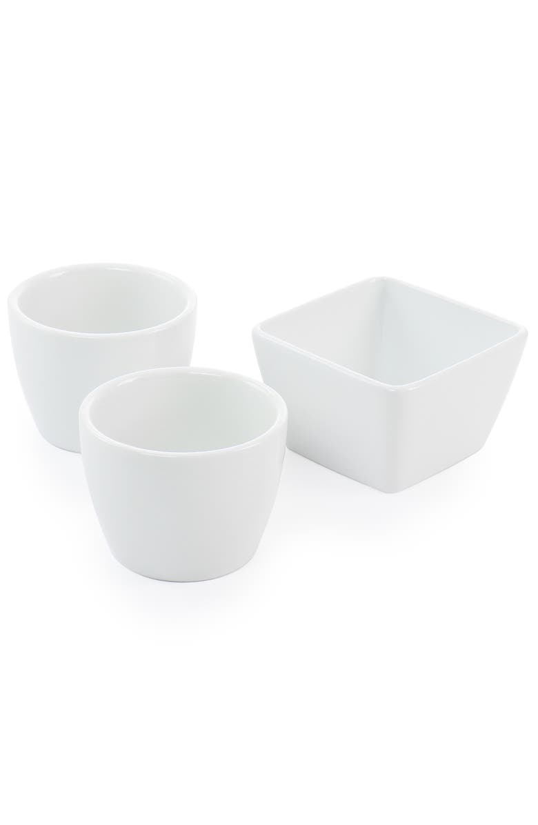 Gibson Elite Gracious Dining 4 Piece Fine Ceramic Tidbit Dish Set with Acacia Wood Base, Alternate, color, White