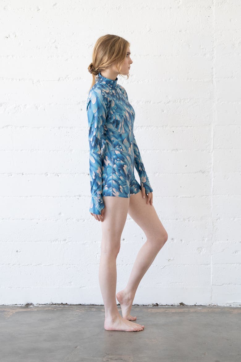 Women's Short One-Piece Swimsuit - UPF 50+, Alternate, color, Azure Blue Plume