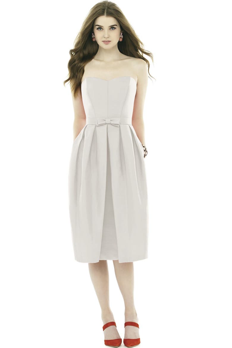Strapless Peau de Soie Midi Dress with Bow Belt, Alternate, color, SNOW WHITE