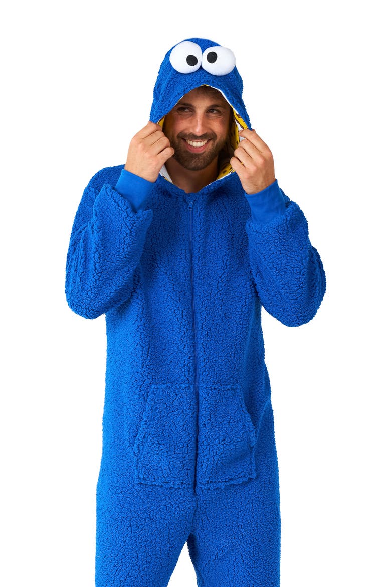 Sesame Street® Cookie Monster Hooded Long Sleeve Fleece Jumpsuit, Alternate, color, BLUE