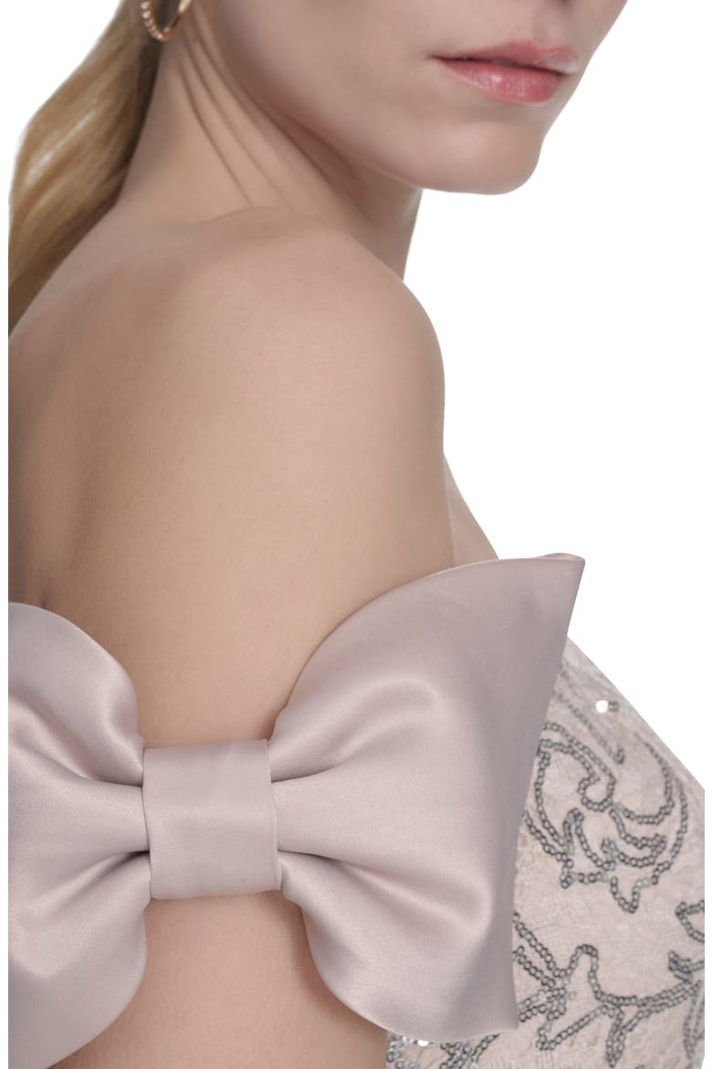Bow Sequin Off the Shoulder Mermaid Gown, Alternate, color, CHAMPAGNE