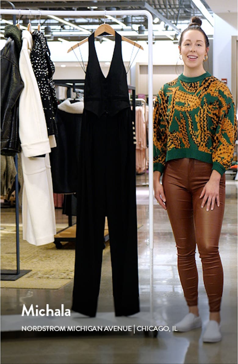 Isadore Satin Trim Wide Leg Halter Jumpsuit, sales video thumbnail