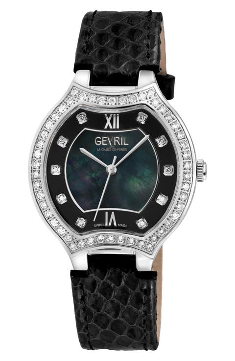 Lugano Diamond Croc Embossed Leather Strap Watch, 38mm
