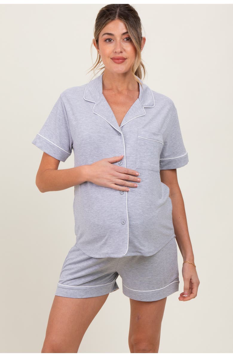 PinkBlush Short Sleeve Button Down Shirt Shorts Set, Main, color, Heather Grey