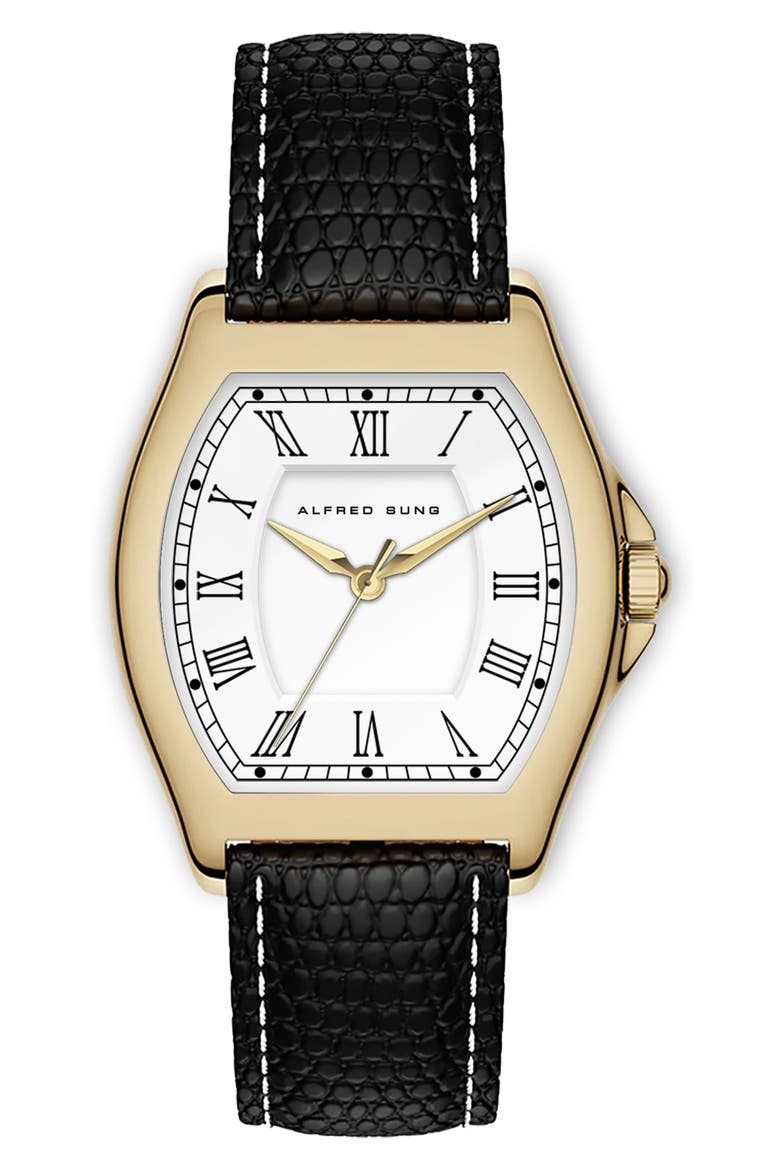 Heritage Tonneau Leather Strap Watch, 27mm x 45mm, Main, color, BLACK STRAP/WHITE DIAL