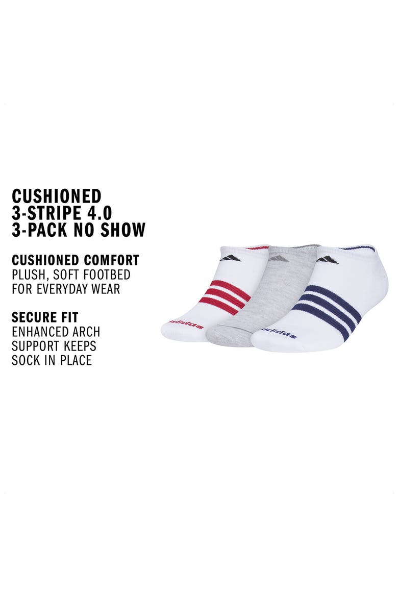Cushioned 3-Stripe No-Show Socks, Alternate, color, WHITE/ ACTIVE MAROON/ BLUE