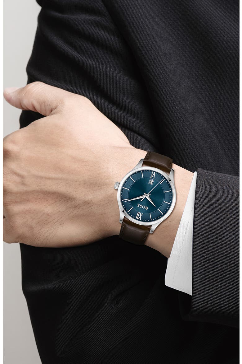 Elite Leather Strap Watch, 41mm, Alternate, color, BLUE DIAL