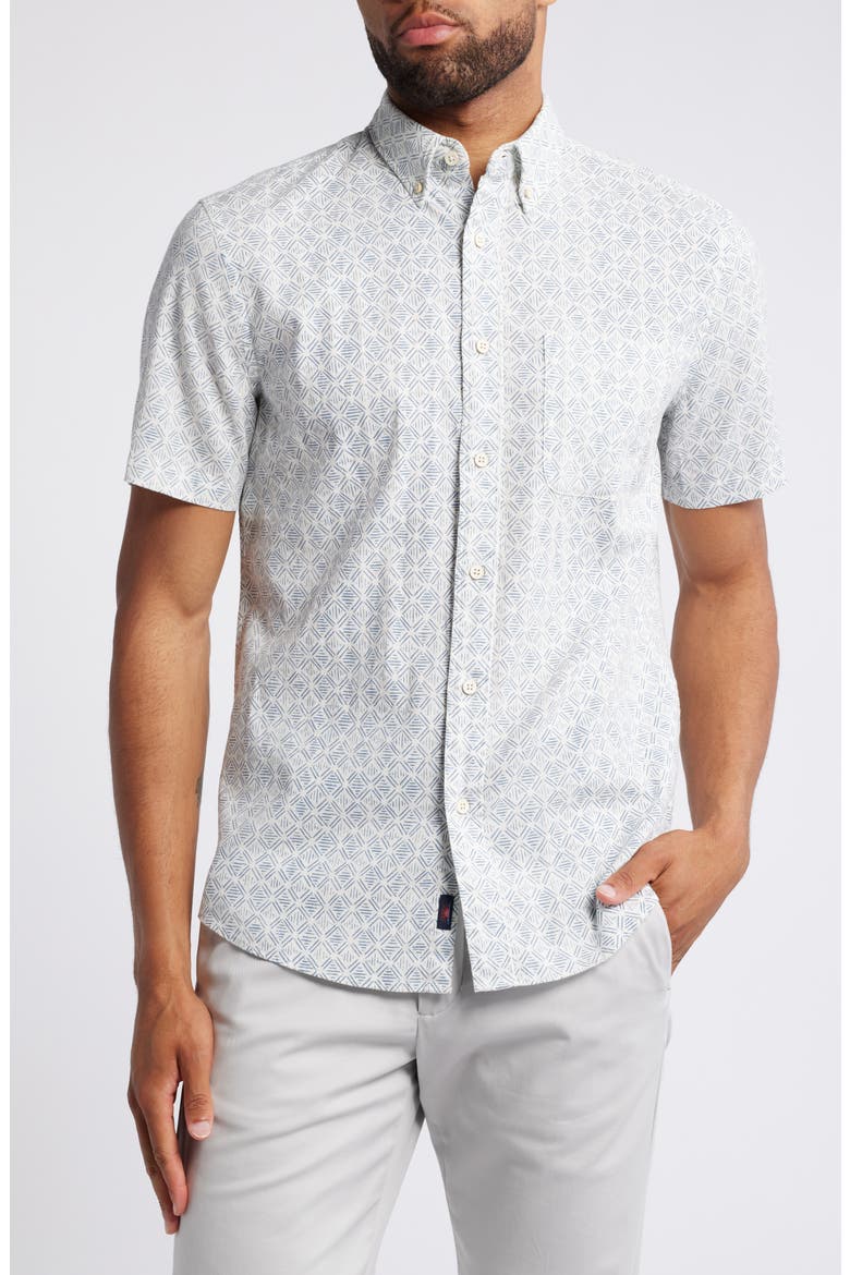 Breeze Short Sleeve Linen Blend Button-Up Shirt, Main, color, WHITE WALL ATOLL BLOCK