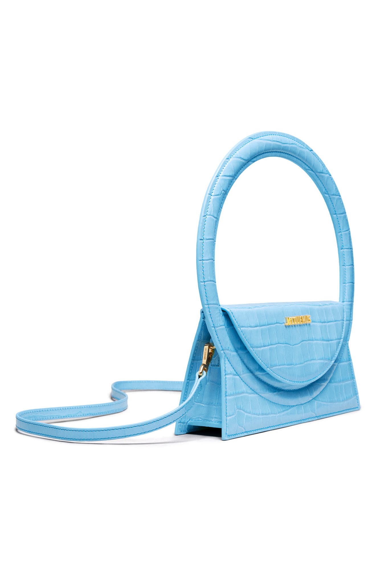 Jacquemus Le Sac Rond Croc Embossed Leather Top Handle Bag, Alternate, color, 