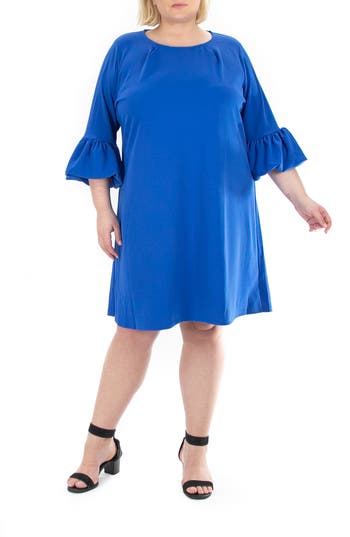 Nina Leonard Solid Three-quarter Bell Sleeve Shift Dress In Deep Sapphire