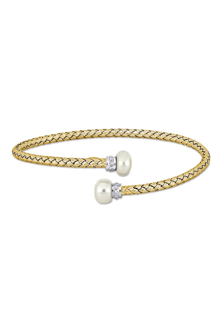 Cultured Freshwater Pearl & Cubic Zirconia Bypass Bracelet, Main, color, WHITE