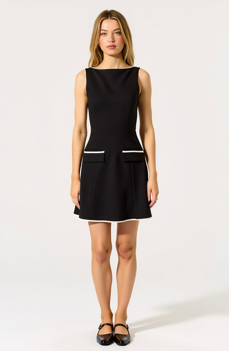 Modenaire Sleeveless Contrast Trim Mini Dress, Alternate, color, Black