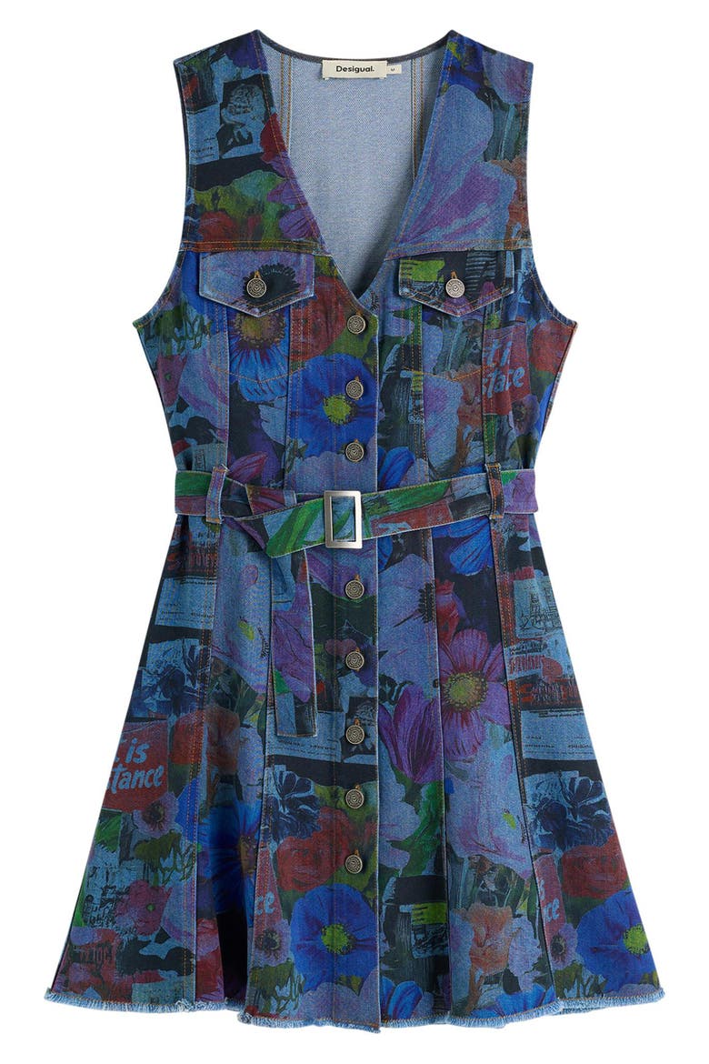 Floral Print Denim Minidress, Alternate, color, DARK BLUE