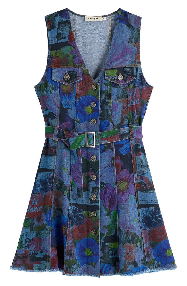 Desigual Floral Print Denim Minidress, Alternate, color, Dark Blue