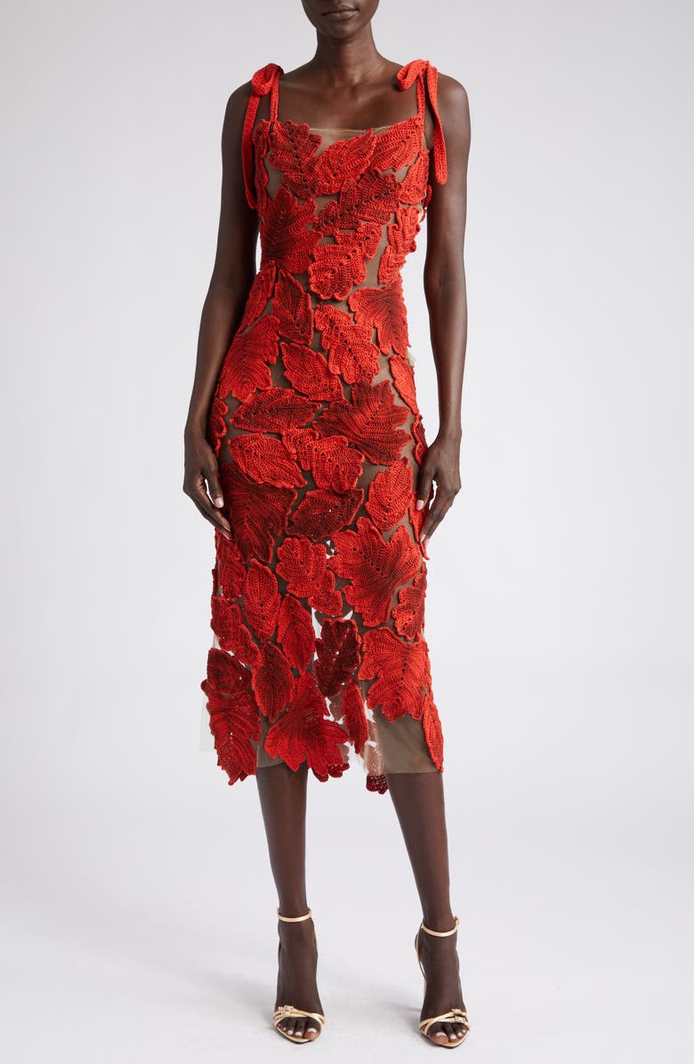 Oscar de la Renta Leaf Appliqué Shoulder Tie Crochet & Tulle Dress, Main, color, 