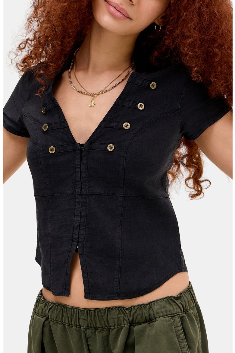 Milo Military Button Trim Linen Blend Crop Top, Main, color, BLACK