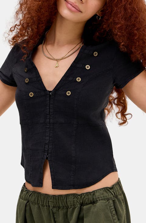 Milo Military Button Trim Linen Blend Crop Top