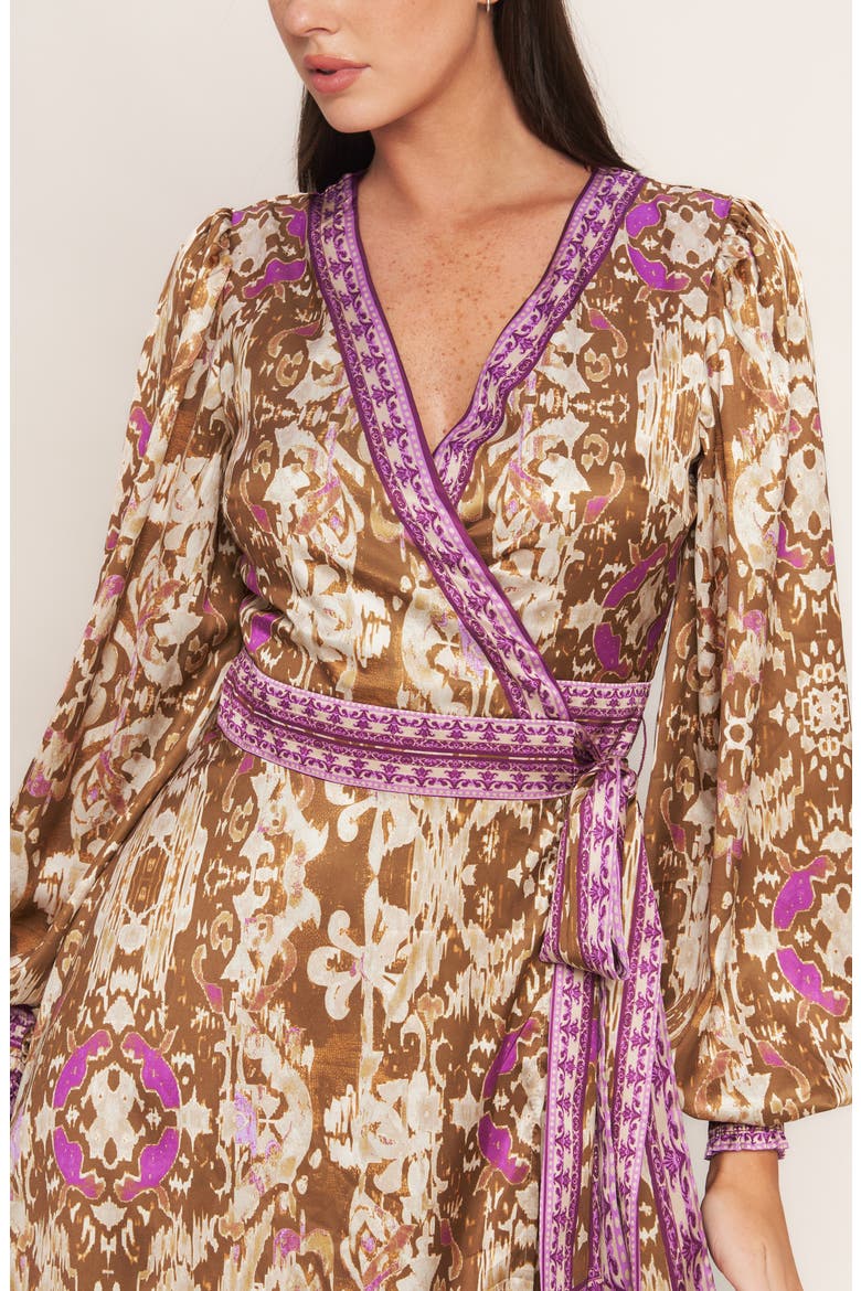 Long Sleeve Wrap Midi Dress, Alternate, color, BROWN