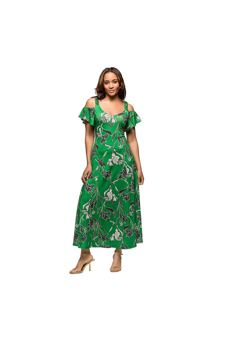 Maternity Green Floral Cold Sholder Ruffle Sleeve A-Line Maxi Dress, Main, color, Green Multi
