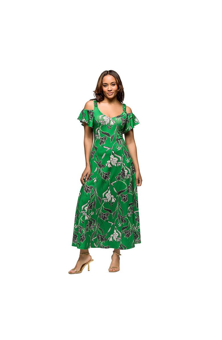 24seven Comfort Apparel Maternity Green Floral Cold Sholder Ruffle Sleeve A-Line Maxi Dress, Main, color, Green Multi