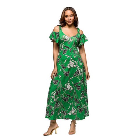 Maternity Green Floral Cold Sholder Ruffle Sleeve A-Line Maxi Dress
