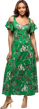 24seven Comfort Apparel Maternity Green Floral Cold Sholder Ruffle Sleeve A-Line Maxi Dress