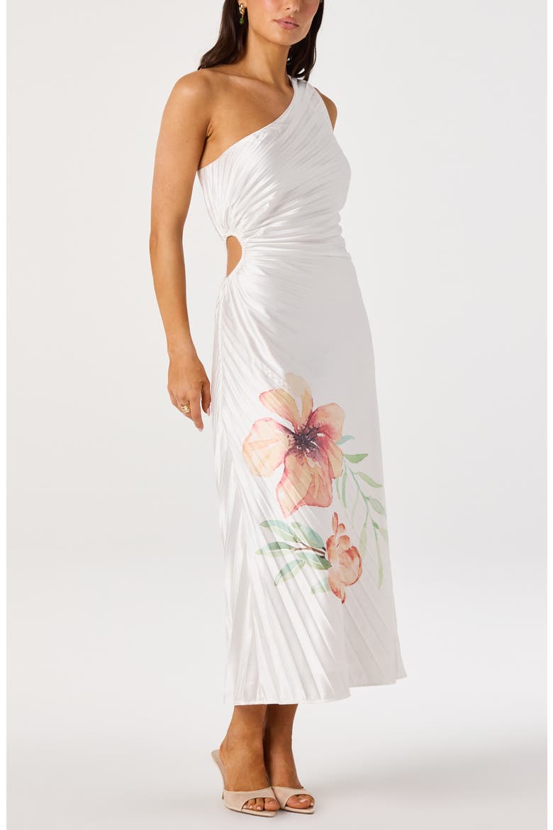 Cameron Pleated One-Shoulder Midi Dress, Alternate, color, WHITE ORANGE FLORAL