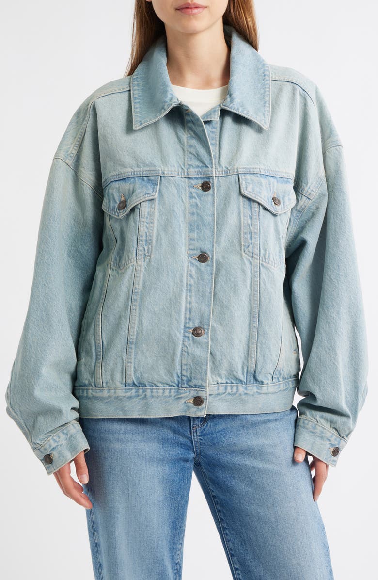 Topshop Oversize Balloon Sleeve Denim Jacket, Alternate, color, Light Blue