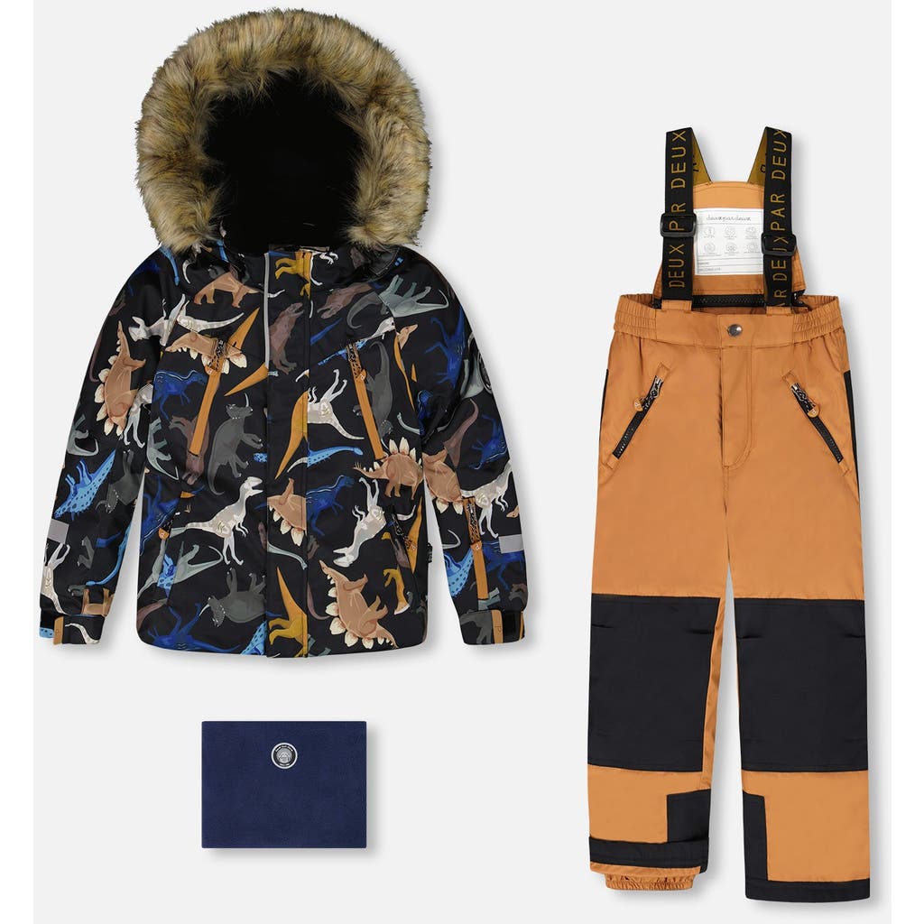 Deux Par Deux Two-piece Play Snowsuit With Dinosaurs Jacket In Blue