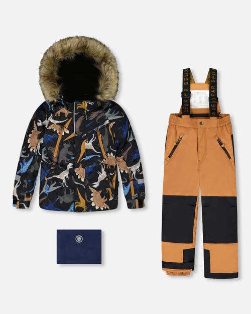 Deux Par Deux Two-piece Play Snowsuit With Dinosaurs Jacket In Multi