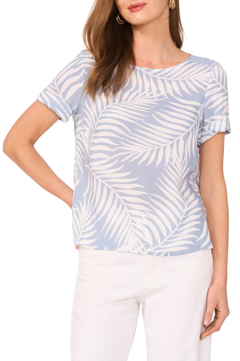 Palm Print Rolled Cuff Top, Main, color, LAKE BREEZE