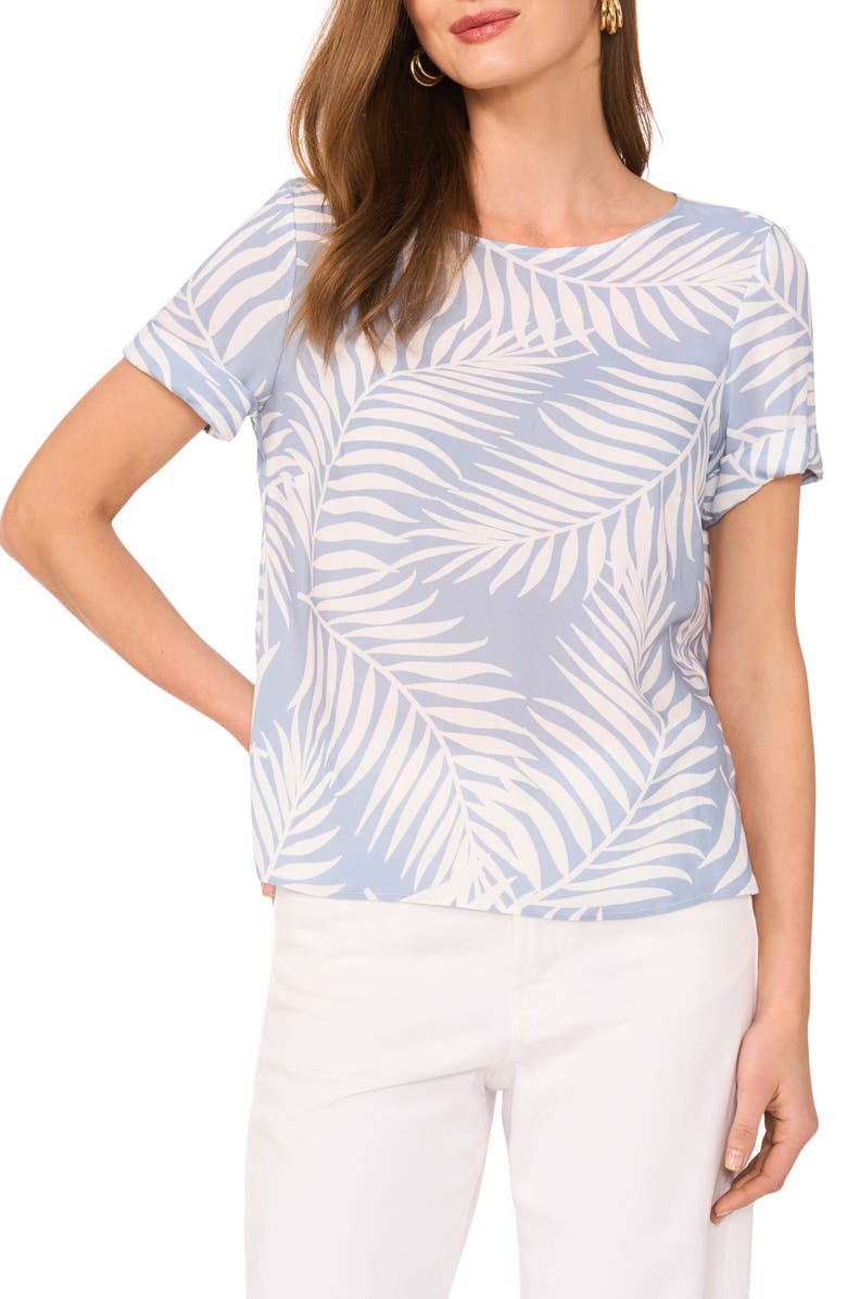 Vince Camuto Palm Print Rolled Cuff Top, Main, color, Lake Breeze