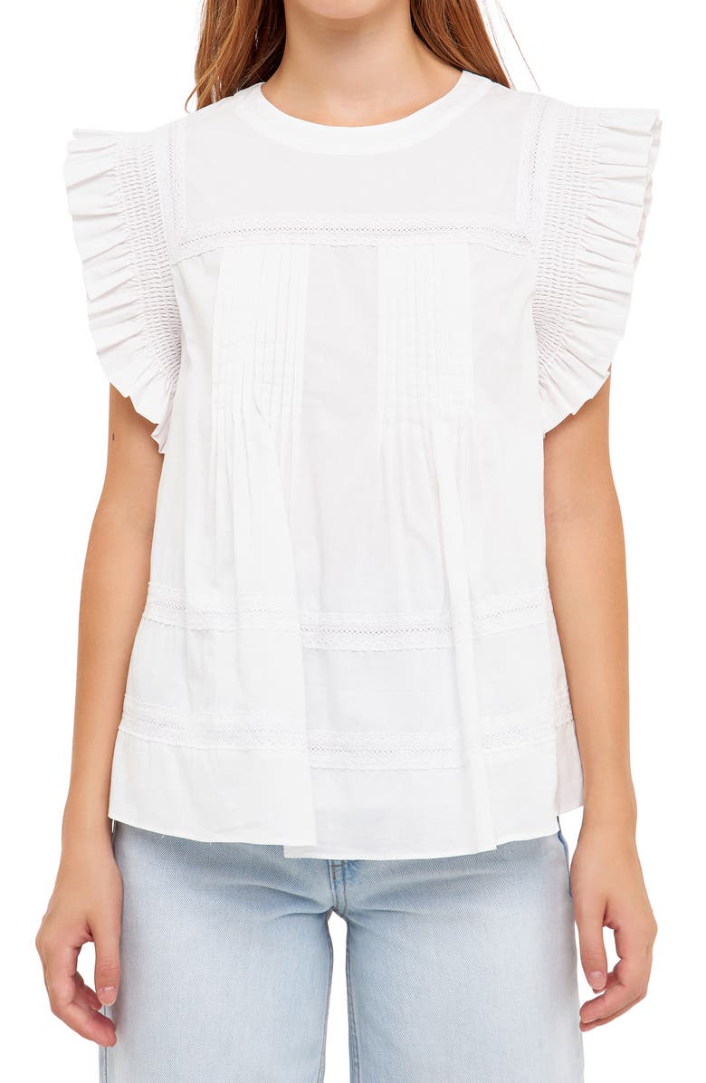 English Factory Ruffle Sleeve Cotton Poplin Top, Alternate, color,