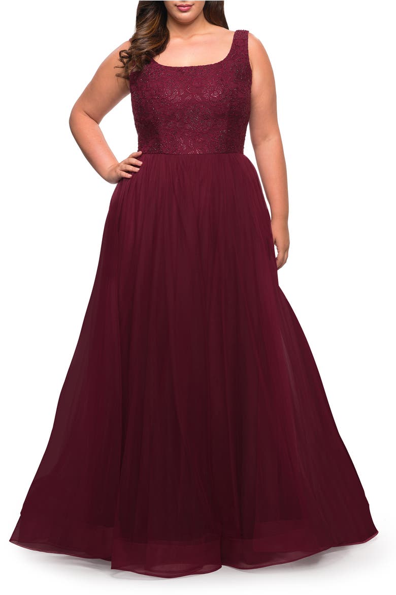 A-line Tulle and Lace Plus Size Gown with Slit, Main, color, Dark Berry
