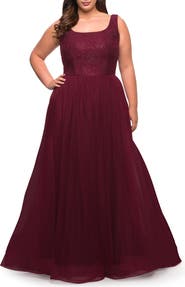 La Femme A-line Tulle and Lace Plus Size Gown with Slit