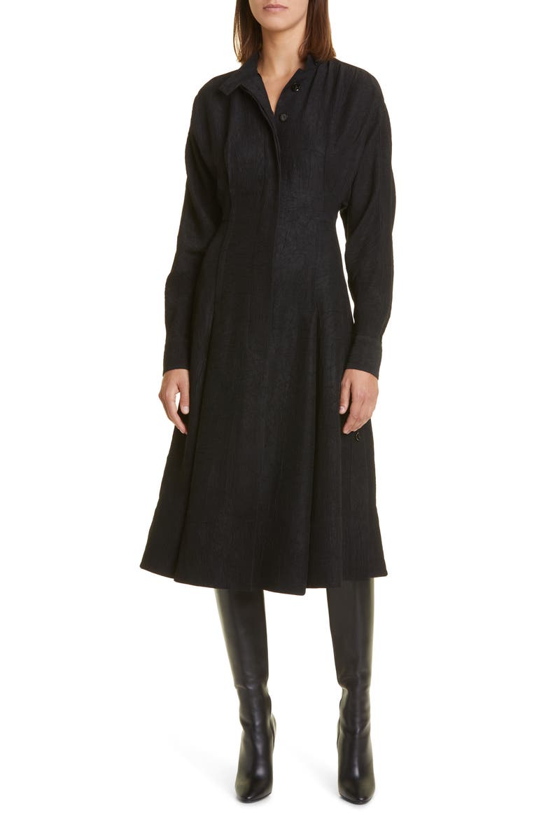 Long Sleeve Crushed Matte Satin Shirtdress, Main, color, BLACK