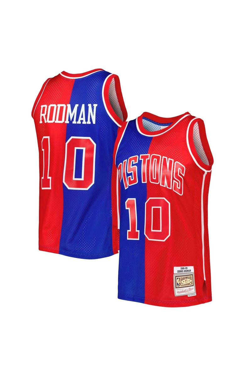 Mitchell & Ness Men's Mitchell & Ness Dennis Rodman Blue/Red Detroit Pistons Hardwood Classics 1988/89 Split Swingman Jersey, Main, color, 