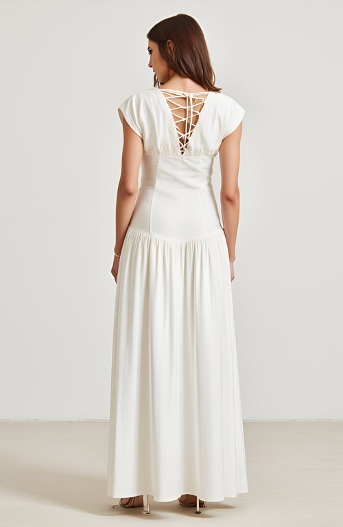 Modenaire Cap-sleeve Maxi Dress With Lace-up Back In White
