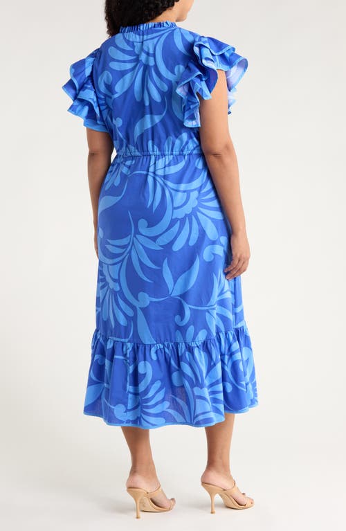 Sugarlips Emidora Floral Kiny Flutter Sleeve Cotton Midi Dress In Blue