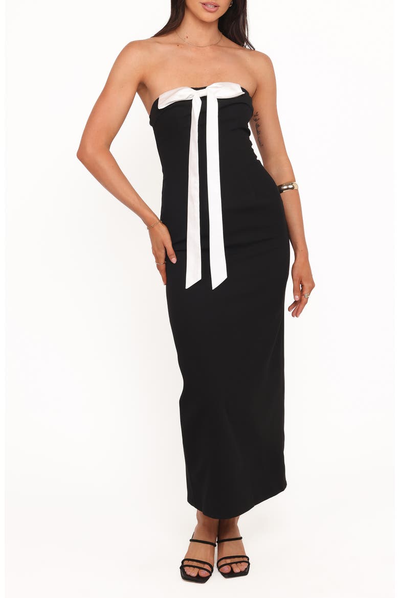 Aggie Contrast Bow Strapless Dress, Main, color, BLACK