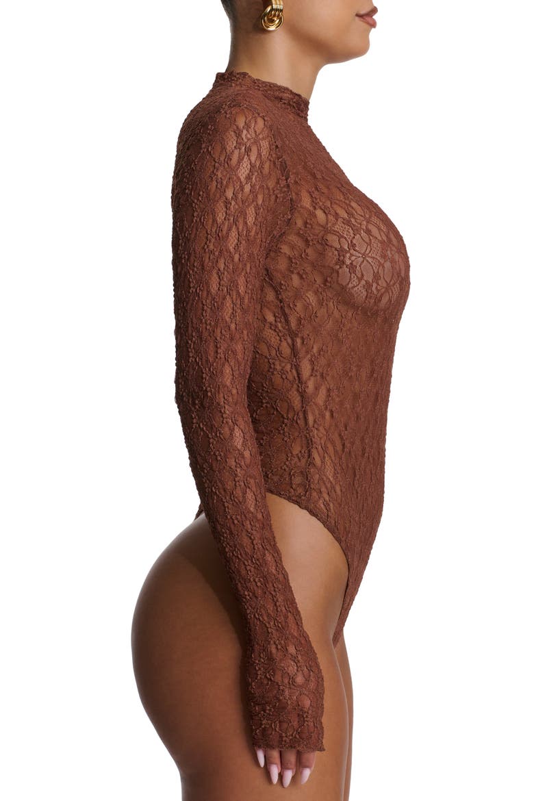 Mock Neck Long Sleeve Lace Bodysuit, Alternate, color, BROWN SUGAR