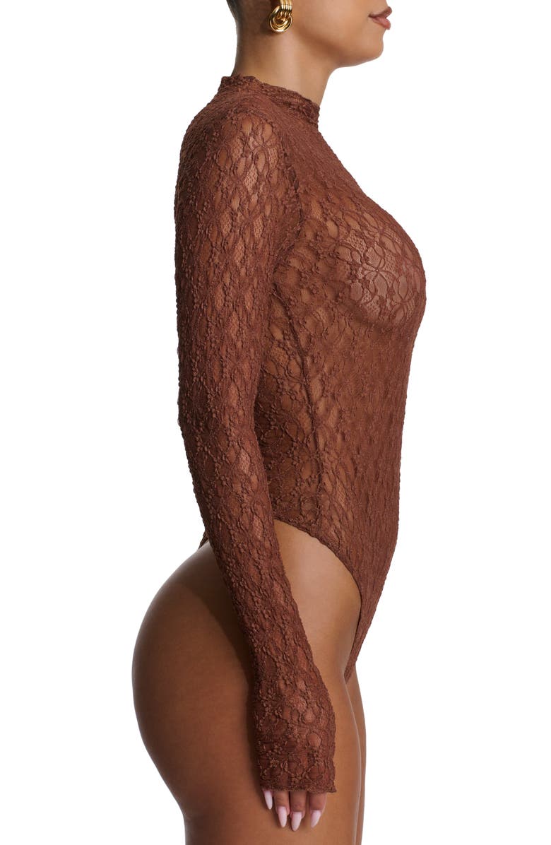 Naked Wardrobe Mock Neck Long Sleeve Lace Bodysuit, Alternate, color, Brown Sugar