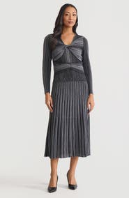 Misook Fit & Flare Twist Front Lurex Knit Maxi Dress