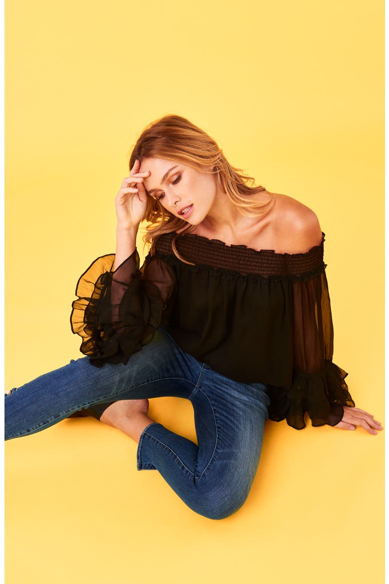 Off the Shoulder Ruffle Cuff Blouse, Alternate, color, RICH BLACK