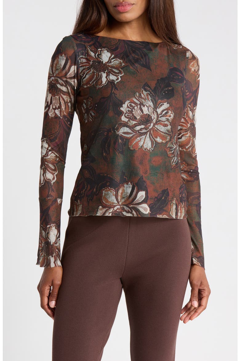 Floral Mesh Bell Sleeve Top, Main, color, PATINA BLOOM PRINT