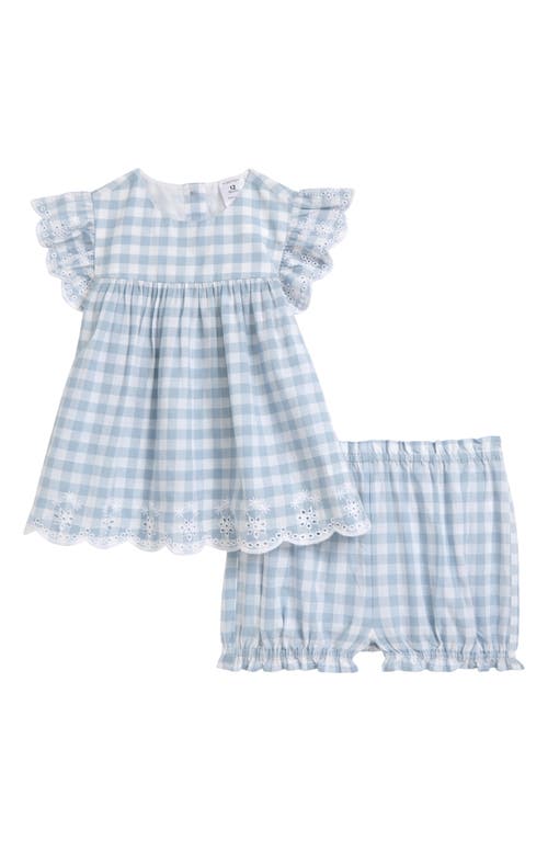 Nordstrom Scalloped Gingham Check Cotton Top & Bloomers In Blue Fog Gingham