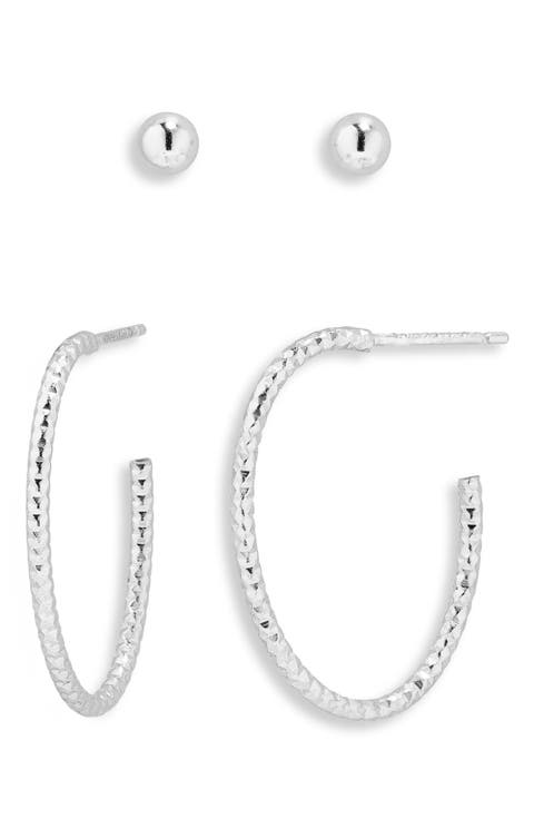 Set of 2 Ball Stud & Textured Hoop Earrings