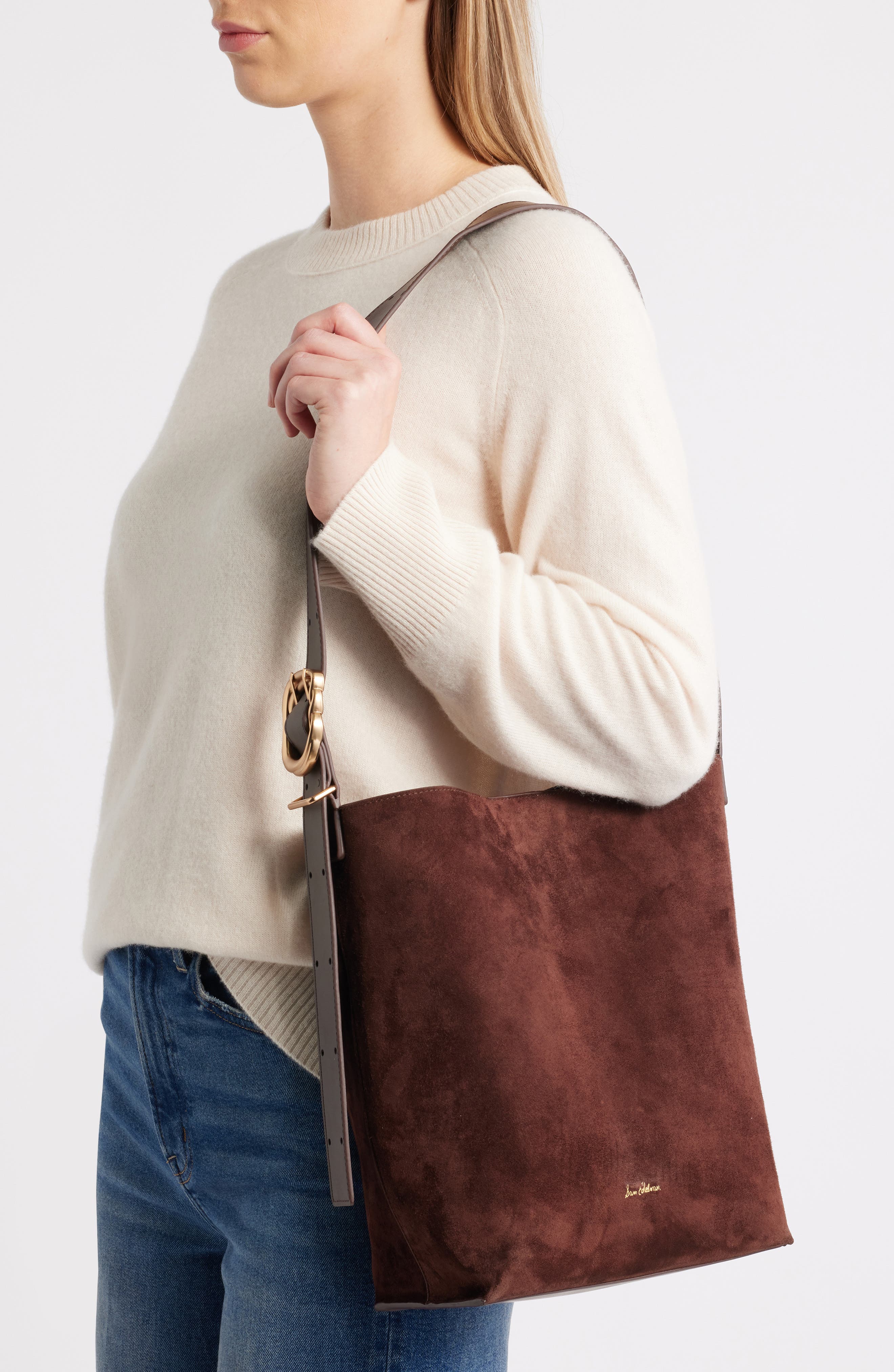 Sam Edelman Saige Suede Bucket Shoulder Bag, Alternate, color, Dark Brown