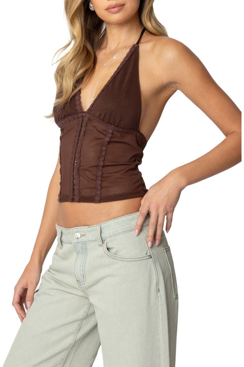 Lucie Lacy Mesh Halter Top, Alternate, color, BROWN