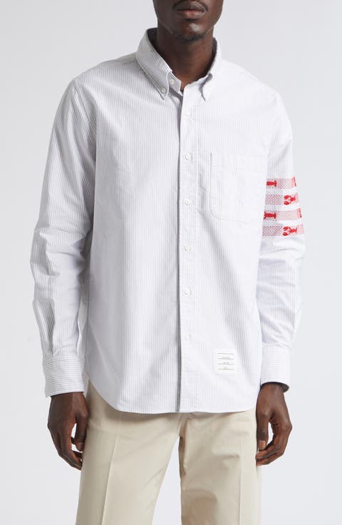 Lobster Embroidery Detail Stripe Cotton Button-Down Shirt